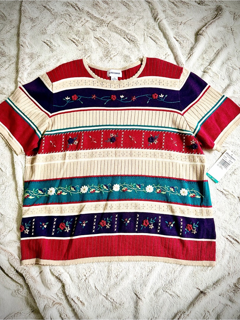 Alfred Dunner Striped Knit Sweater Top - Teal, Red, Cream, Beige